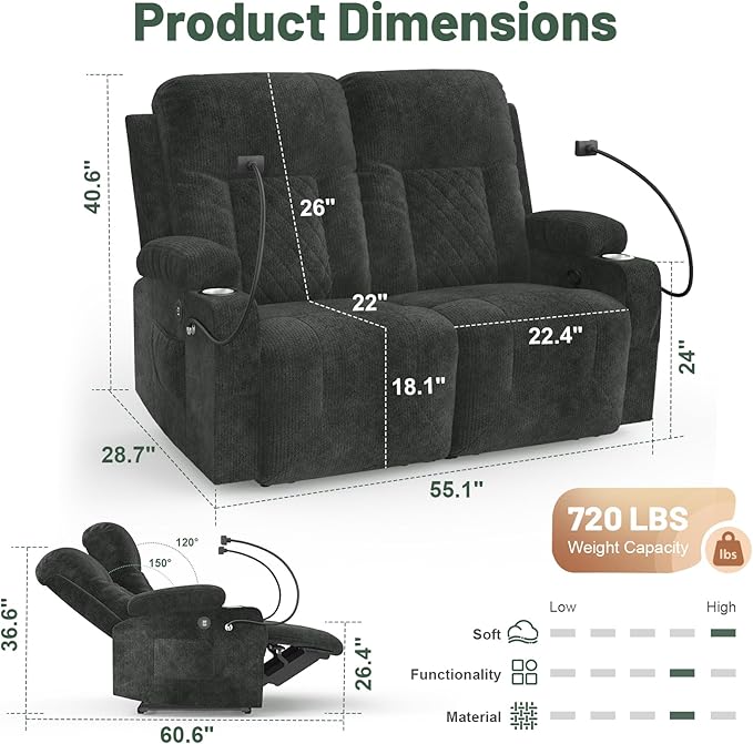 FURNIMAT Loveseat Recliner Sofa, 2 Seater Reclining Loveseat Sofa, Fabric Loveseat Couch, Modern Recliner Chair for Living Room, with Cup Holder and 2 Cell Phone Holders, USB Ports, Grey