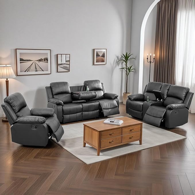Caberryne Leather Recliner Sofa Set，Leather Reclining Couch for Living Room Furniture Sets，Black Recliner Couch with 5 Recliners for Living Room/Office/Theater Seating(Sofa Set 3 Pieces)