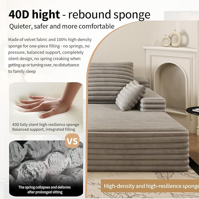 Oversized Lounge Chaise,Cloud Plush Sofa Bed,Upholstered Boneless Cloud Sofa Deep Seat,No Assembly Required,Modern Corduroy Sleeper 3 Seater Chair for Living Room Bedroom Reading,Grey