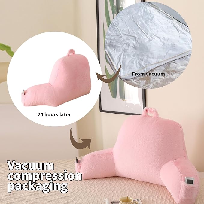 PAJEO Reading Pillow for Sitting in Bed, Large Backrest Reading Pillow with Arm Rest,Back-Rest Support Cushion for Sit Up on Couch, Sofa, and Floor, Dorm Essentials (Pink Faux Fur, Large(19"))