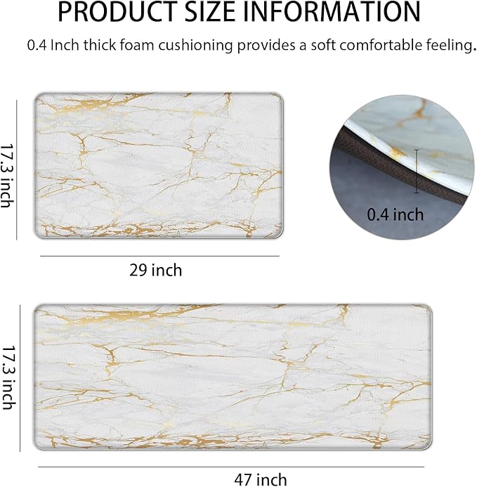 Kitchen Floor Mats Cushioned Anti Fatigue, White Marble Kitchen Rugs Set of 2 Non Slip Waterproof Memory Foam Kitchen Mat Comfort Standing Mat for Gold Kitchen Accessories and Décor