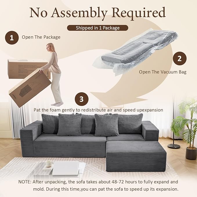 INGEROOM 108" Modular Cloud Sectional Couch with Deep Seat, Boneless Sofa with Movable Ottoman, Plush Corduroy Memory Foam Couch for Living Room, No Assembly, Dark Gray
