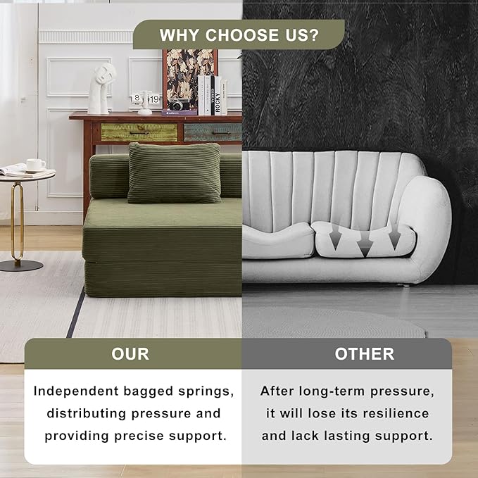 Modern Olive Single Sofa Bed, Convertible Foldable Sofa with Pillow, Comfortable Corduroy Fabric & High-Density Foam, Ideal for Living Room, Bedroom, Office, Apartment Lounge