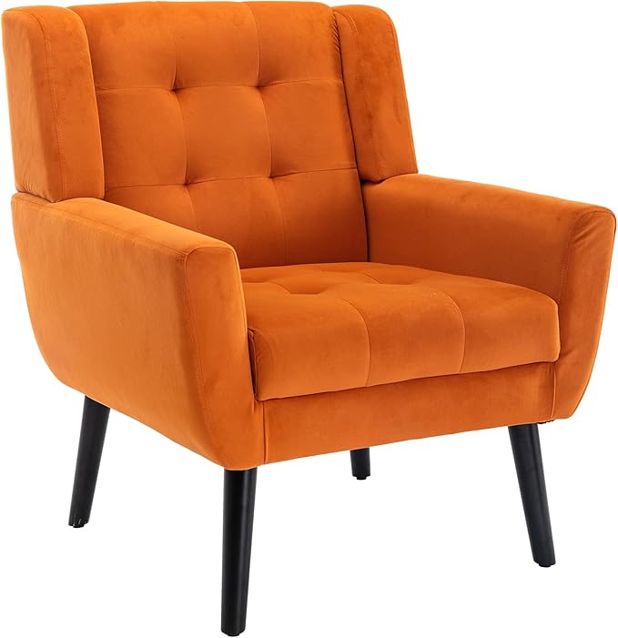 OO BY ORANGE ONLINE Velvet Accent Chair, Mid-Century Modern Tufted Armchair for Living Room, Bedroom & Office (Orange)