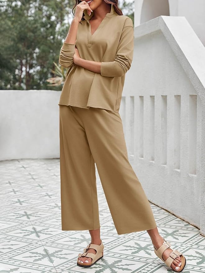 Imily Bela Womens 2 Piece Outfits Sweatsuit Long Sleeve Lapel V Neck Shirt and Wide Leg Pants 2025 Fall Trendy Tracksuit