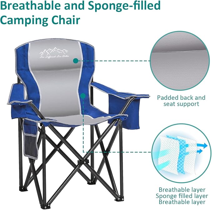 SAILARY Camping Chair Heavy Duty High Back Folding Chair with Cup Holder, 450lbs Capacity, Padded Seat, Cooler Bag & Storage Pocket, Portable for Outdoor, Beach, Fishing, Sports, 2 Pack Blue