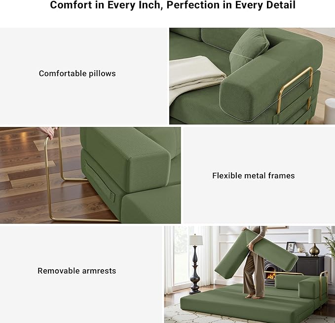 78" Convertible Sleeper Sofa Bed, Corduroy Folding Sofa Bed with Fixed-Shape Frame, Fold Out Floor Mattress Couch, Lazy Compression Sofas for Living Room, Bedroom, No Assembly Required, Green