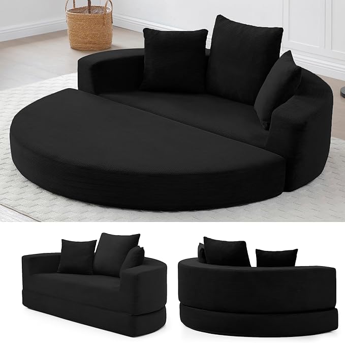 67" Round Convertible Folding Sofa Bed, Boneless Couch Loveseat, Floor Sleeper Chaise Lounge for Living Room, Apartment, Dorm, Small Spaces, Black