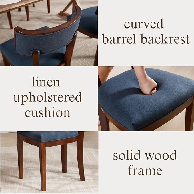 DM Furniture Upholstered Dining Chairs Set of 2 Farmhouse Kitchen Chairs with Solid Wood Legs Comfy Linen Accent Chair Modern Armless Side Chair for Dining/Living Room/Restaurant, Space Saving, Blue