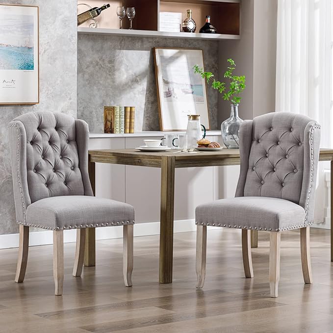 DUOMAY Modern Tufted Dining Chairs Set of 4, Linen Upholstered Dining Room Chairs Armless Guest Side Chair for Kitchen Dining Room, Wingback Accent Chairs with Solid Wood, Grey