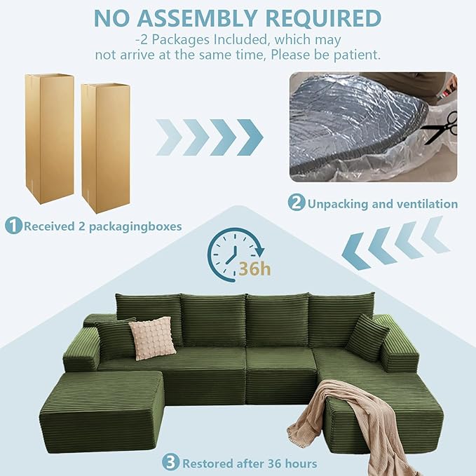 135.4" W Cloud Sectional Couch with Ottoman,Modern U-Shaped Cloud Couch with Deep Seat,Comfy Corduroy 4-Seater Sofa,Memory Foam Sofa for Living Room,No Assembly (Green,Right-Facing Chaise)