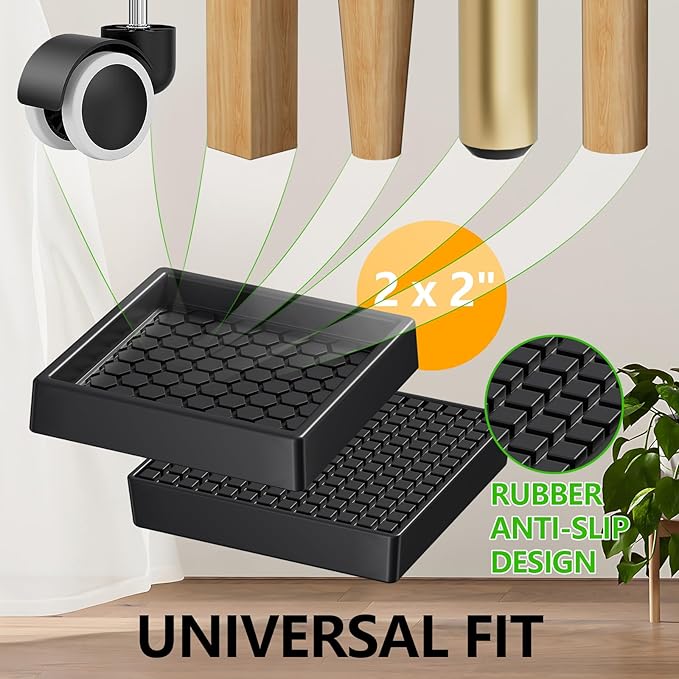 Non Slip Furniture Pads - 2x2 Anti Skid Caster Cups, 16PCS Square Furniture Coasters for Hardwood Floors, Anti Slide Furniture Cup Bed Floor Protectors, Furniture Stoppers to Prevent Sliding(Black)