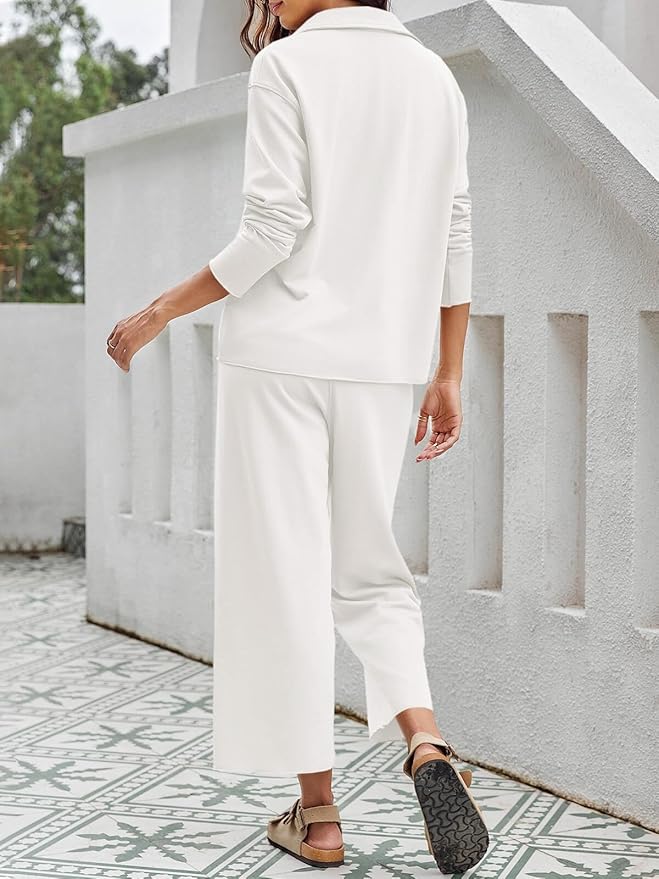 Imily Bela Womens 2 Piece Outfits Sweatsuit Long Sleeve Lapel V Neck Shirt and Wide Leg Pants 2025 Fall Trendy Tracksuit