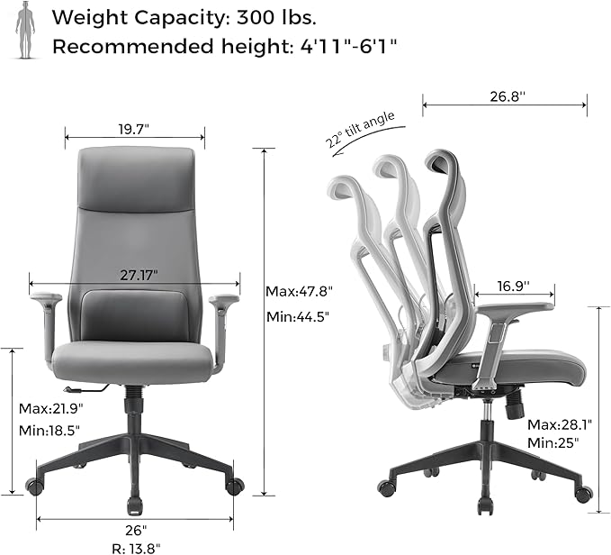 EUREKA ERGONOMIC Valen Leather Desk Chair, High Back Office Chair, Microfiber PU Leather Office Chair with Wheels, Executive Office Chair Comfy for Samll Spaces, Grey