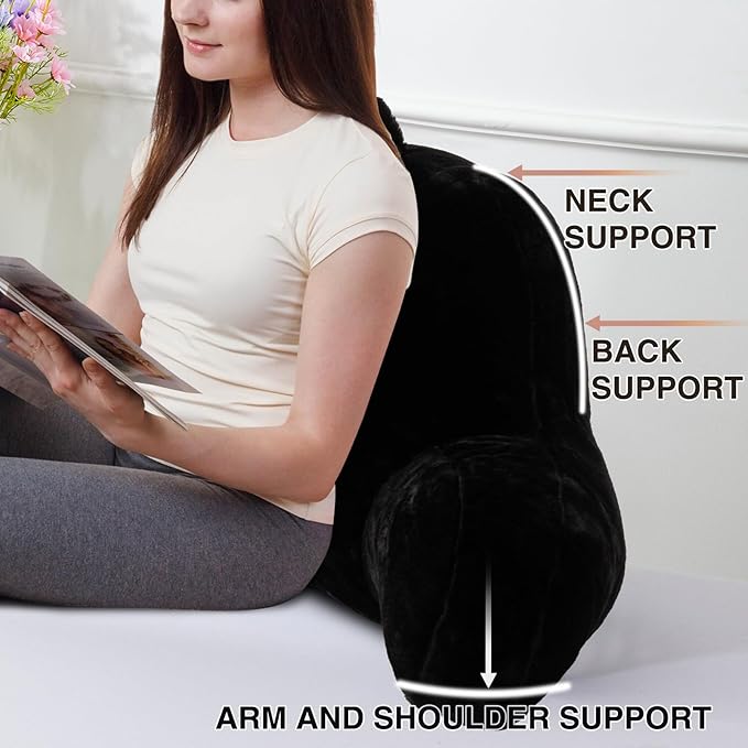 A Nice Night Faux Fur Reading Pillow Bed Wedge Large Adult Children Backrest with Arms Back Support for Sitting Up in Bed/Couch for Bedrest,Black,Large