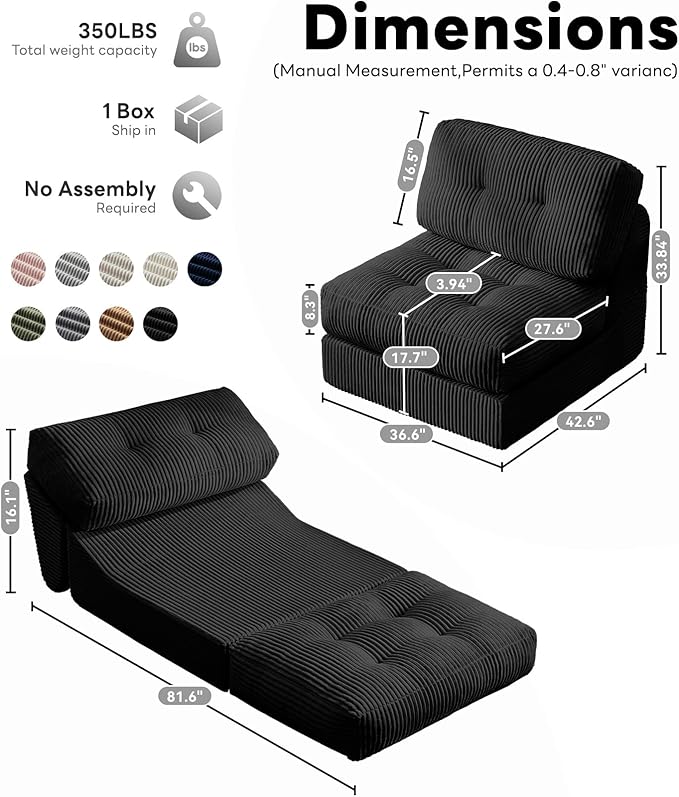 Tbfit 35.8'' Folding Sofa Bed, Convertible Sleeper Chair with Large Pillow, Corduroy Folding Couch Bed, Portable & Foldable Mattress Boneless Floor Sofa Set of 2, Black