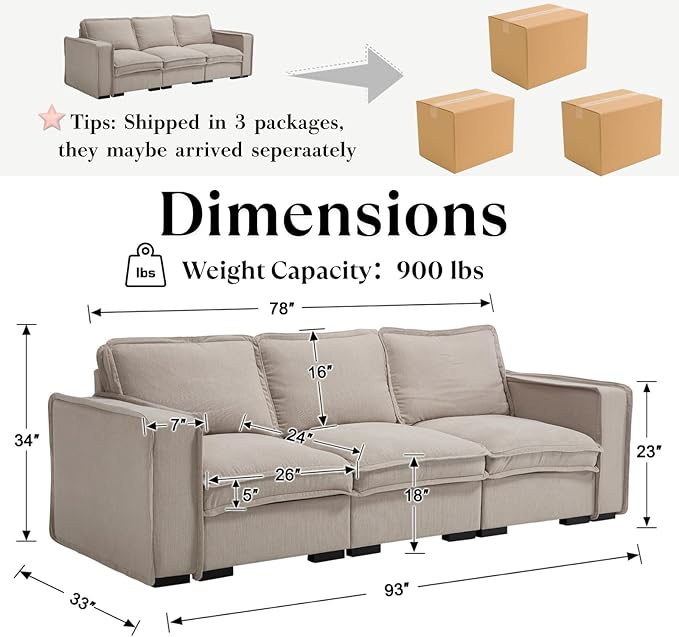 HEAY-YO 93 Inches Modern Modular Sectional Sofa,3-Seater Comfy Couch with High Density Foam and Armrests,Floor Sofa for Living Room Bedroom Apartment,Linen Sand
