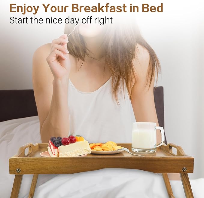 Utoplike Acacia Bed Tray Table for Eating, Large Breakfast Tray with Folding Legs, Wood Serving Trays for Laptop Working