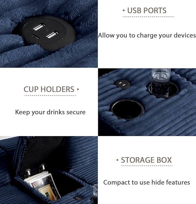 150" Oversized Modular Sectional Sofa, Deep Seat Cloud L-Shape Corduroy Couch with Cup Holders, USB Ports, Wireless Charging & Storage Box, Upholstered Modular Sleeper Sofa for Living Room (Blue)