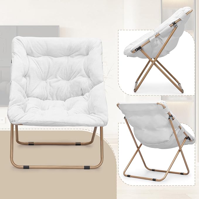 Athena Collection Saucer Chair for Adult, Square Comfy Cozy Chair Folding Chair Faux Fur Metal Frame Foldable Reading Chair Accent Chair for Bed Room Living Room, White