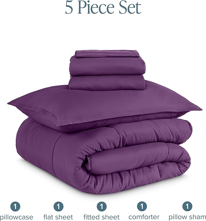 Bare Home Bed-in-A-Bag 5 Piece Comforter & Sheet Set - Twin XL - Goose Down Alternative - Ultra-Soft 1800 Premium Bed Set (Twin XL, Plum/Plum)