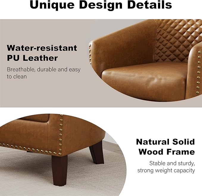 DREAMSIDEA Accent Barrel Chair, Upholstered Faux Leather Club Chair with Nailed Trim, Comfy Reading Armchair for Living Room Bedroom Reception Room Office (Coffee, Set of 2)