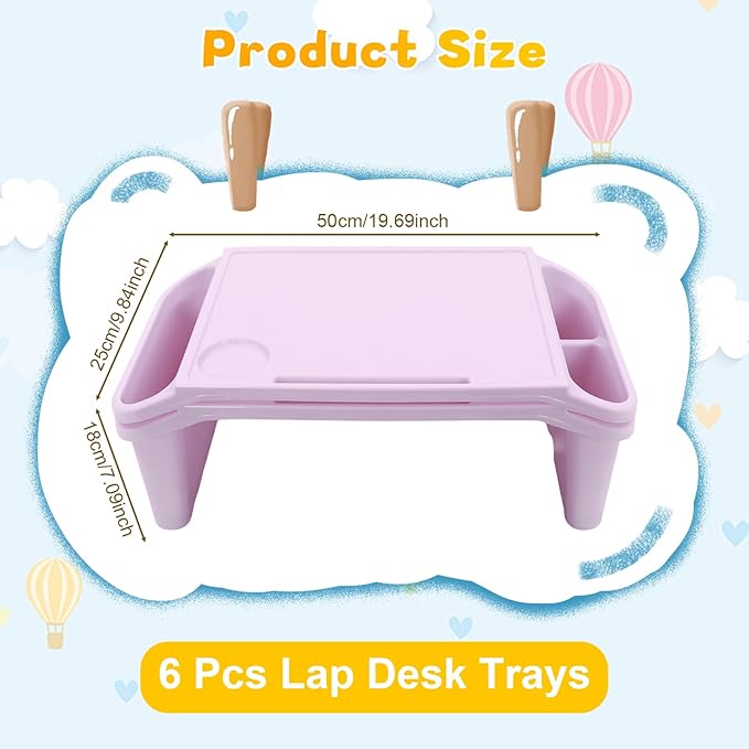 6 Pcs Kids Lap Desk Tray, Plastic Breakfast Lap Desk Trays with Storage Slots, Portable Stackable Lap Tray Tables for Writing Drawing Classroom, 19.69" L x 9.84" W x 7.1" H (Red+Green+Purple)