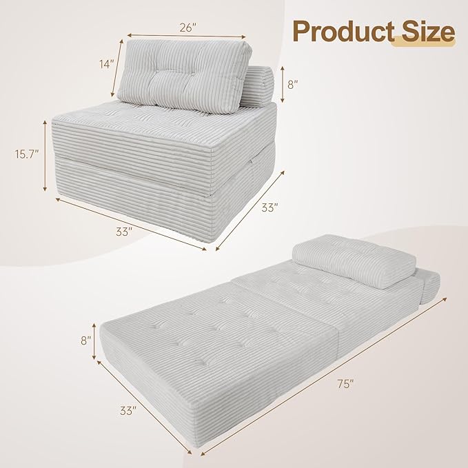 ANONER 33" Memory Foam Folding Sofa Bed, Sectional Couches with Deep Seat and Pillow, Futon Floor Couch, Versatile Convertible Sleeper Chair, Boneless Chaise Lounge, Fold Out Chair Bed, Beige