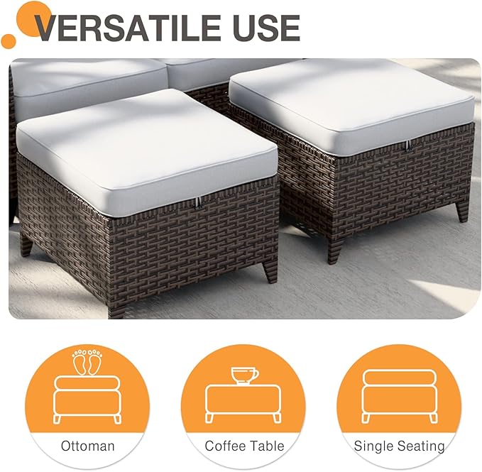 COOS BAY Harbor Retreat 8 Piece Outdoor Furniture Set, Patio Conversation Set with Swivel Rocking Chairs, Patio Chairs, Couch, Side Table and Ottomans, Wicker Furniture, Brown/Beige