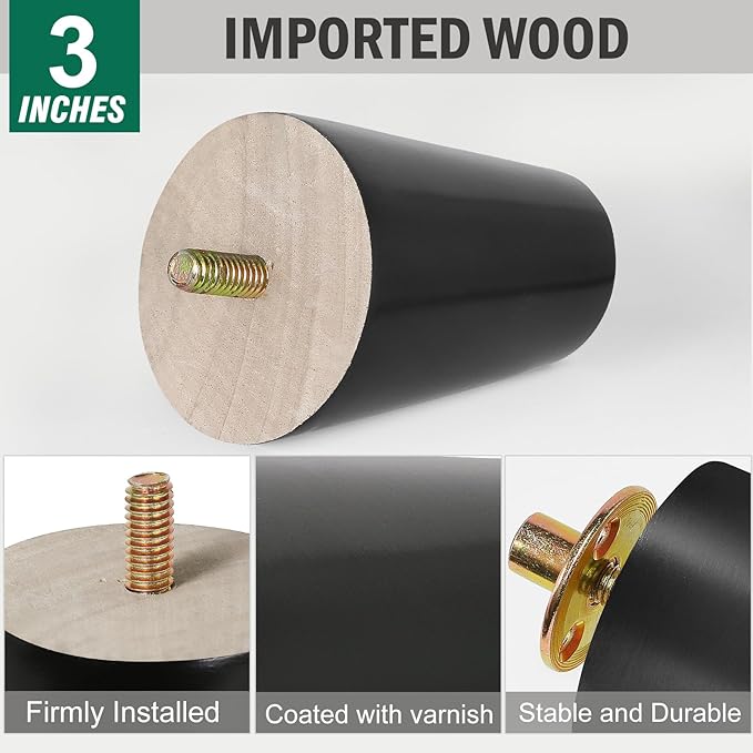 FoDau770 Black Rubber Wood Furniture Legs 3 Inches, Slant Tapered Wood Feet Mid Century Sofa Legs Set of 4, 5/16" UNC Furniture Feet Replacement Parts for Cabinet Couch Dresser Chair Ottoman Table