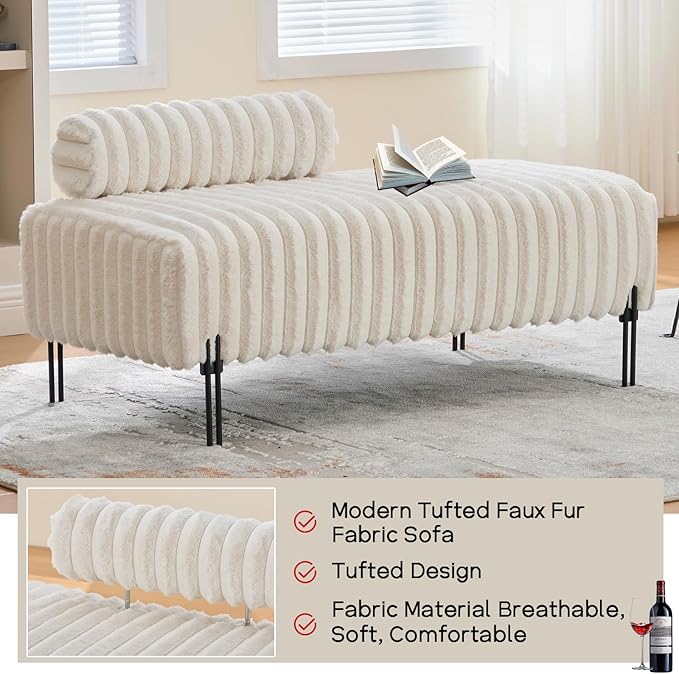 NIOIIKIT 49.6" Modern Loveseat Sofa Couch, Upholstered Accent Sofa with Golden Legs and Adjustable Backrest, Small Faux Fur Couches for Bedroom, Living Room, Compact Small Space (White)