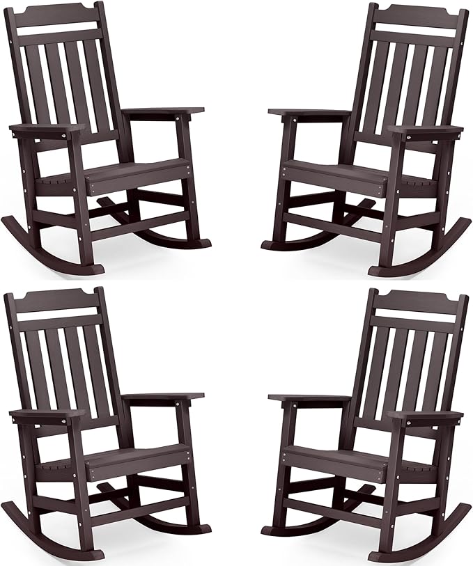 hOmeQomi Rocking Chairs Set of 4, All Weather Resistant Poly Lumber Outdoor Porch Rocker, Rocking Chairs for Outdoor, Indoor, Patio, Deck, Garden, Backyard, Load Bearing 380 lbs - Brown