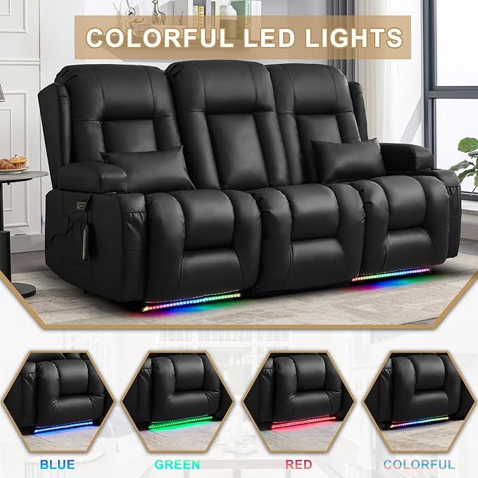 URRED Loveseat Recliner Sofa with Massage and Heat, Flip Middle Backrest Design 3 Seat Power Reclining RV Sofa Couch, Home Theater Seating with LED Lights, USB Ports, Outlets, Faux Leather, Black
