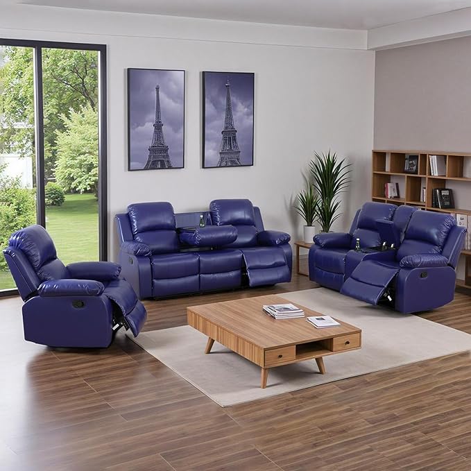 Caberryne Leather Recliner Sofa Set，Leather Reclining Couch for Living Room Furniture Sets，Purple Recliner Couch with 5 Recliners for Living Room/Office/Theater Seating(Sofa Set 3 Pieces)