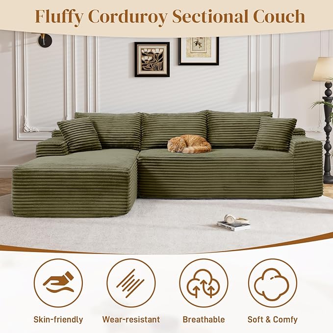 95" Boneless Cloud Sectional Couches for Living Room, Comfy Fluffy L Shaped Memory Foam Deep Seat Boneless Couch, Modular Sectional Sofa with Left Facing Chaise, Olive Green