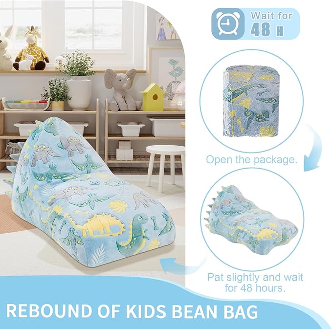 COMAX Dinosaur Bean Bag Chairs for Kids, Kid Beanbag Chair with Filler, Toddler Lounge Bean Chair, Children Lazy Floor Lounger for Girls Boys, Glowing Blue Dino