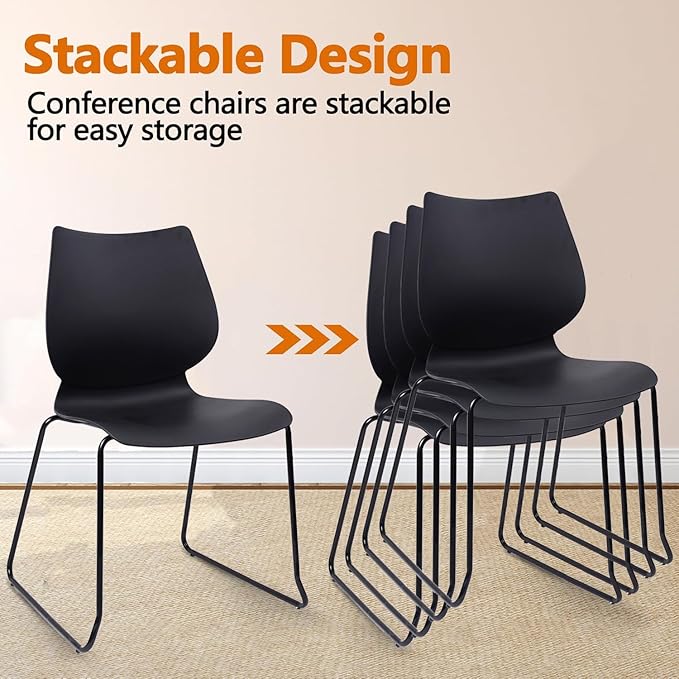 Stackable Waiting Room Chair, Stacking Office Chair with Ergonomic Lumbar Support and Metal Legs, Plastic Desk Chairs for Conference School Church Guest Reception Set of 12, Black