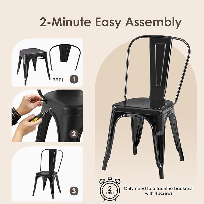 Metal Dining Chairs Set of 4,Stackable Tolix Chair Indoor/Outdoor for Kitchen, Cafe,Restaurant, Bistro & Patio Multiple Colors(Black)