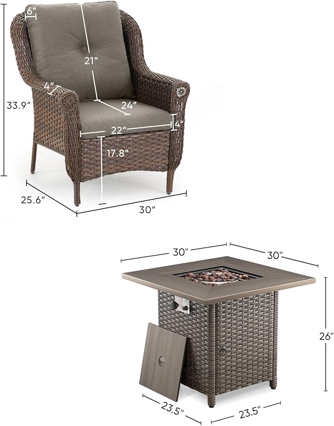 ACTREST Outdoor Patio Chairs with Fire Pit Table 5 Piece Set - High Back Brown Wicker Rattan Lawn Chair with Thick Cushion for Porch Apartment Deck Yard Poolside Garden - Grey