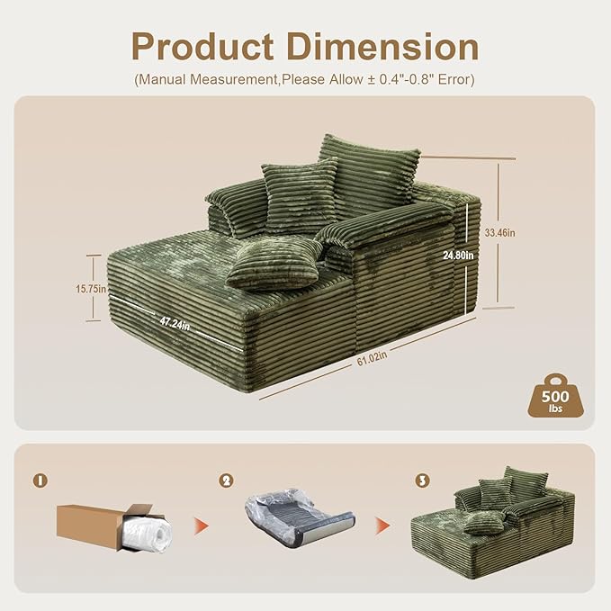 Oversized Chaise Lounge Chair Indoor, Upholstered Single 61'' Rolled Arm Boneless Cloud Sofa Bed Sleeper Couch, No Assembly Faux Rabbit Fur Memory Foam Reading Chair for Living Room Bedroom Green