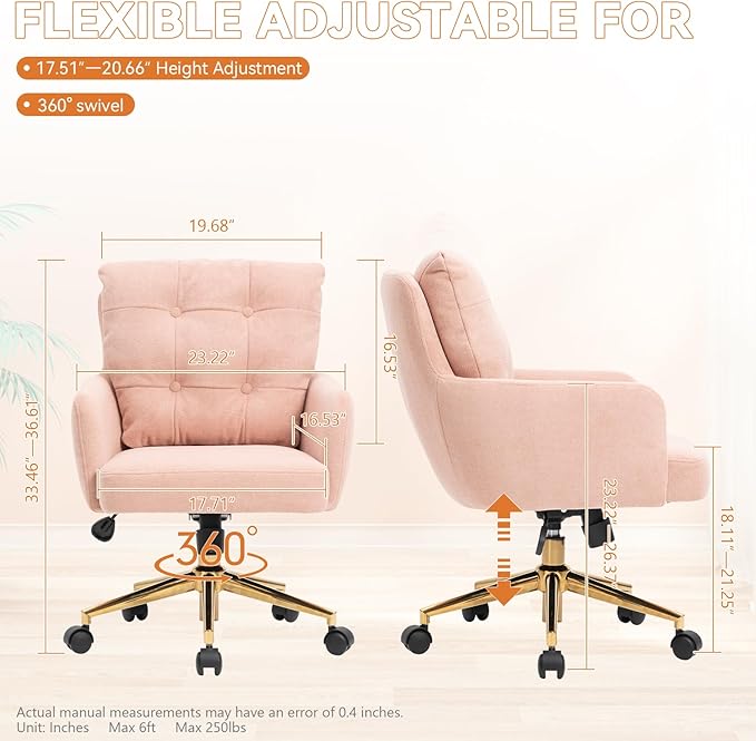 BALIAA Flannel Office Chair, Comfy Home Office Desk Chairs with Lumbar Support, Modern Velvet Desk Chair Gold Legs Small Swivel Task Chair for Home Office, Bedroom, Study (Pink, L)