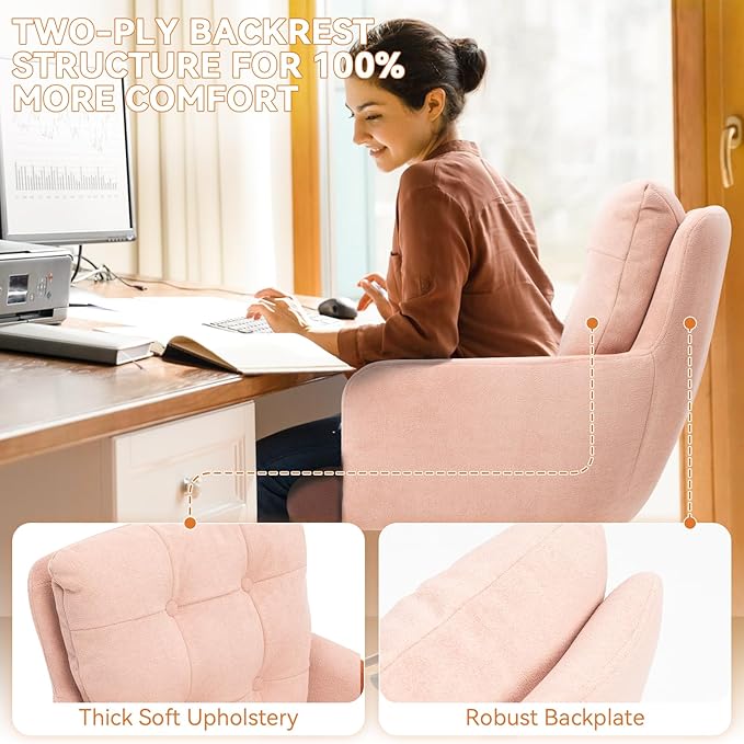BALIAA Flannel Office Chair, Comfy Home Office Desk Chairs with Lumbar Support, Modern Velvet Desk Chair Gold Legs Small Swivel Task Chair for Home Office, Bedroom, Study (Pink, L)