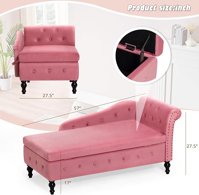 ACMEASE Upholstered Chaise Lounge with Right Armrest & Lumbar Pillow,Button Tufted Lounge Sofa with Storage,Lounge Chair Indoor,Modern Velvet Lounge Chair for Bedroom, Living Room and Office,Pink