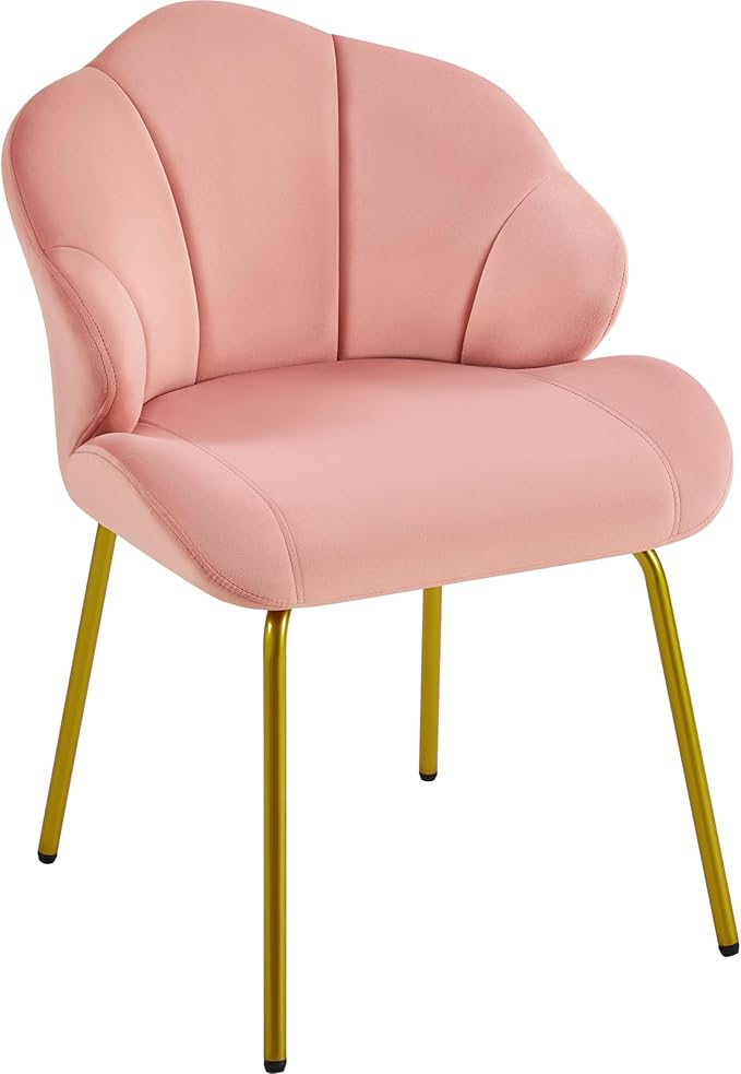 Yaheetech Vanity Chair, Velvet Accent Chair with Shell-Shaped Backrest, Modern Armchair with Gold Metal Legs for Dressing Room/Bedroom/Living Room, Pink