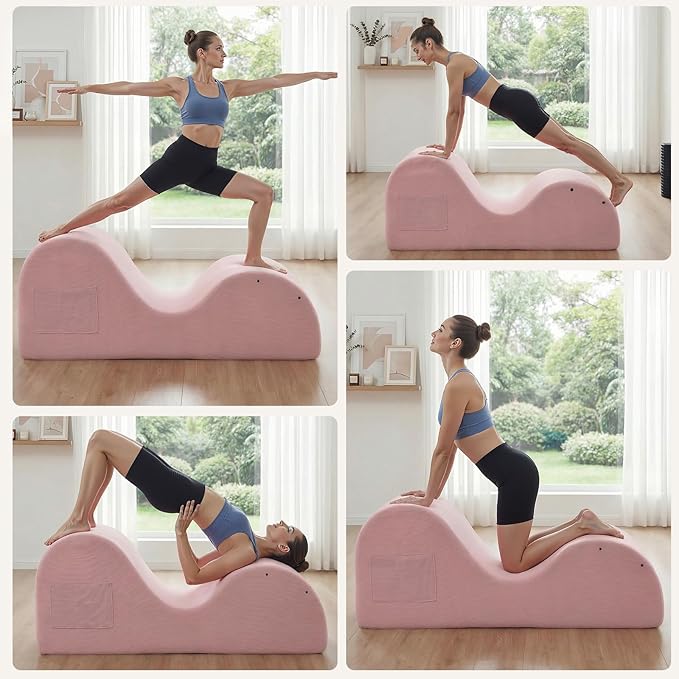 Yoga Chaise Lounge Chair, S-Shaped Floor Sofa with Moveable Headrest, Lumbar Pillow, Support Cushion, Footrest, Non-Slip Base, No-Assembly Lounger for Stretching, Meditation & Relaxation (Pink)