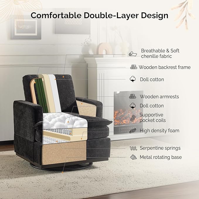 VINGLI 360° Swivel Mid-Century Modern Accent Armchair with Double-Layer Seat Cushions, Comfy Single Square Sofa, Upholstered Club Chair for Living Room,Bedroom, Reading Room, Chenille Black