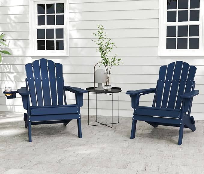 FOOWIN Adirondack Chair Set of 4, Folding Adirondack Chair with Cup Holder, HDPE All-Weather Fire Pit Chair for Patio, Garden, Backyard, Poolside, Navy Blue