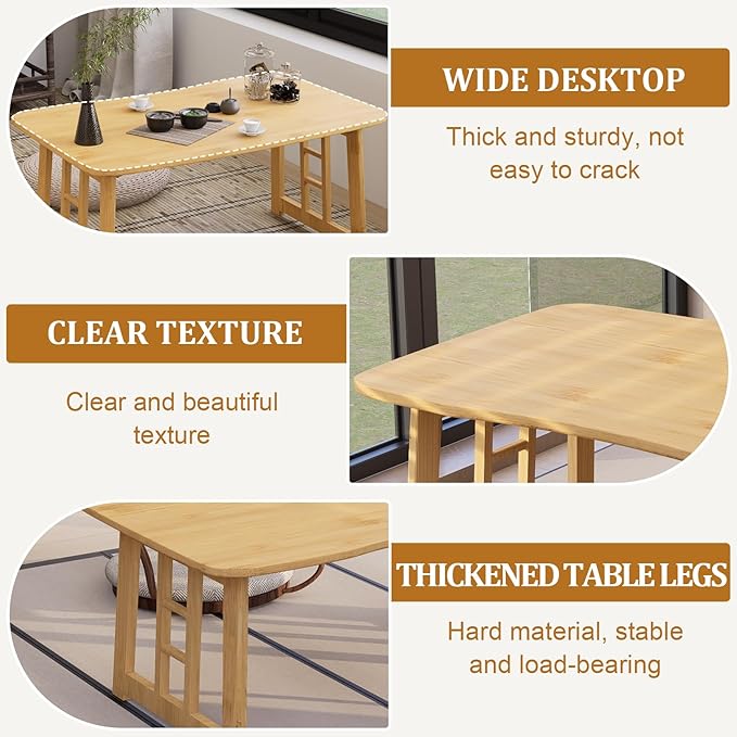 Folding Coffee Table, Foldable Japanese Floor Low Table Small Coffee Tables for Sitting On The Floor, No Assembly Portable Tea Table for Living Room Meditation Tea Room Tatami Zen Dining (Wood)