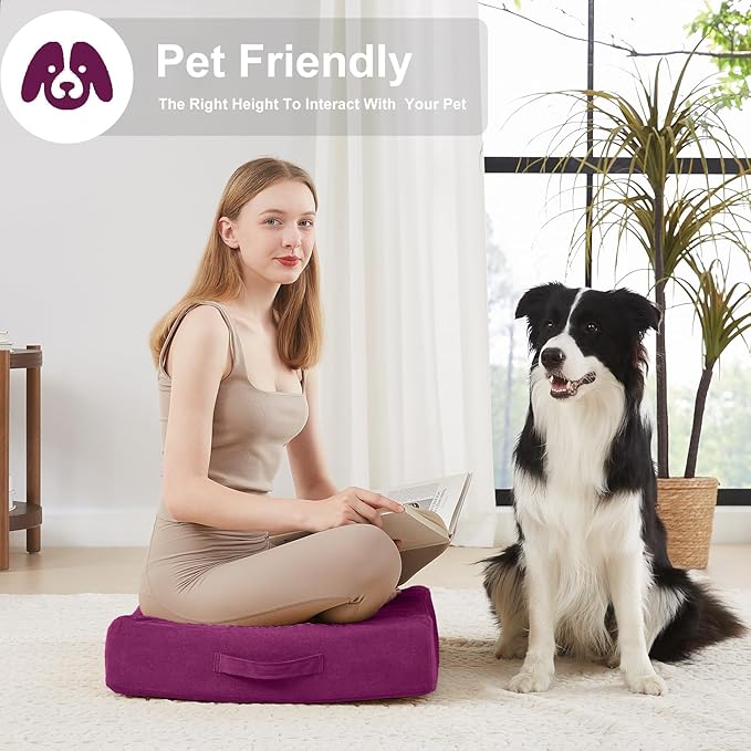 JKMAX 2 Pcs High Density Foam Floor Pillow - Upgraded Large Pillows Seating for Adults - Outdoor Floor Cushion with Soft Tufted Cover - Yoga Pillows for Sitting On Floor - 22 Inch Purple
