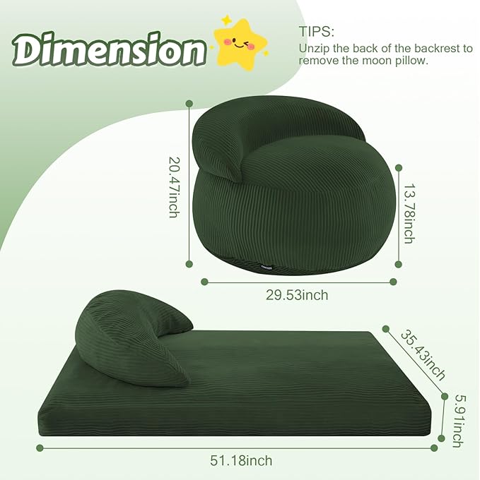 COMAX Bean Bag Chair for Kids, Convertible Toddler Beanbag Bed Corduroy, Children Bean Chair Stuffed to Floor Mattress with Filler, Green